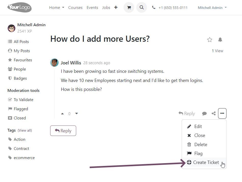 خدمة عملاء اسرع في اودو ... بضع ضغطات ويتم انشاء تيكت للمشكلة

ومن اسهل من #اودو
