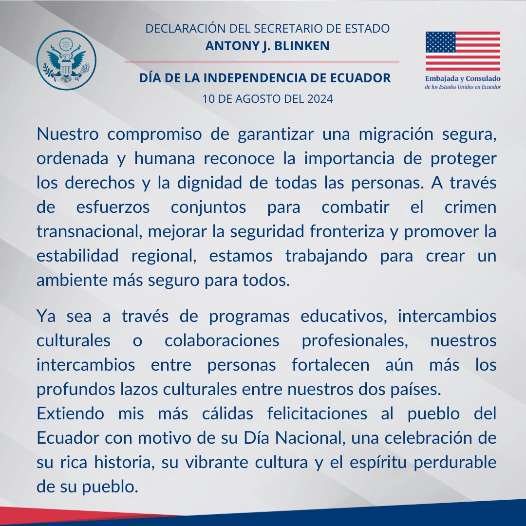 Declaración del Secretario de Estado, <a href="/SecBlinken/">Secretary Antony Blinken</a>  sobre el #PrimerGritodelaIndependencia del Ecuador. 
#EstamosUnidosEC