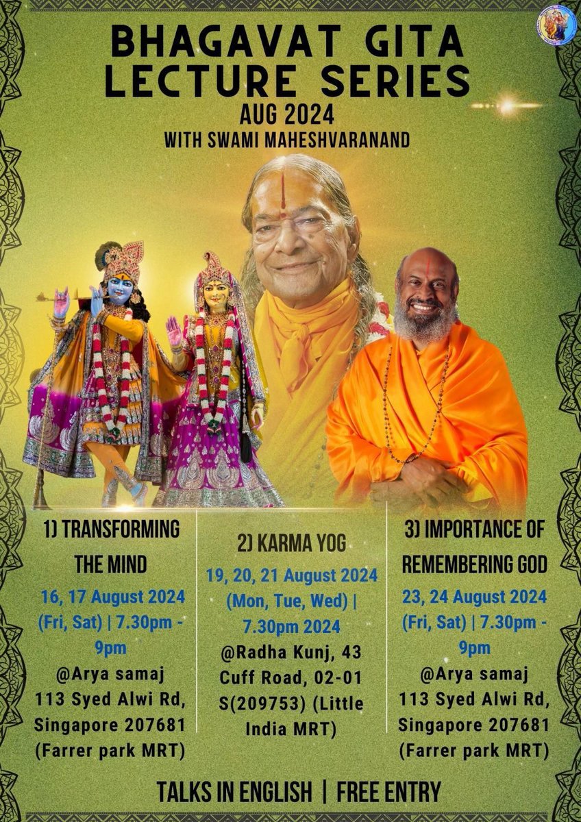 RMSSingapore's tweet photo. Starting next week! Not to be missed!
#Bhagavadgita #spiritualtalks #swamimaheshvaranand #jagadgurushrikripalujimaharaj #mindtransformation https://t.co/3z71iqSPWA