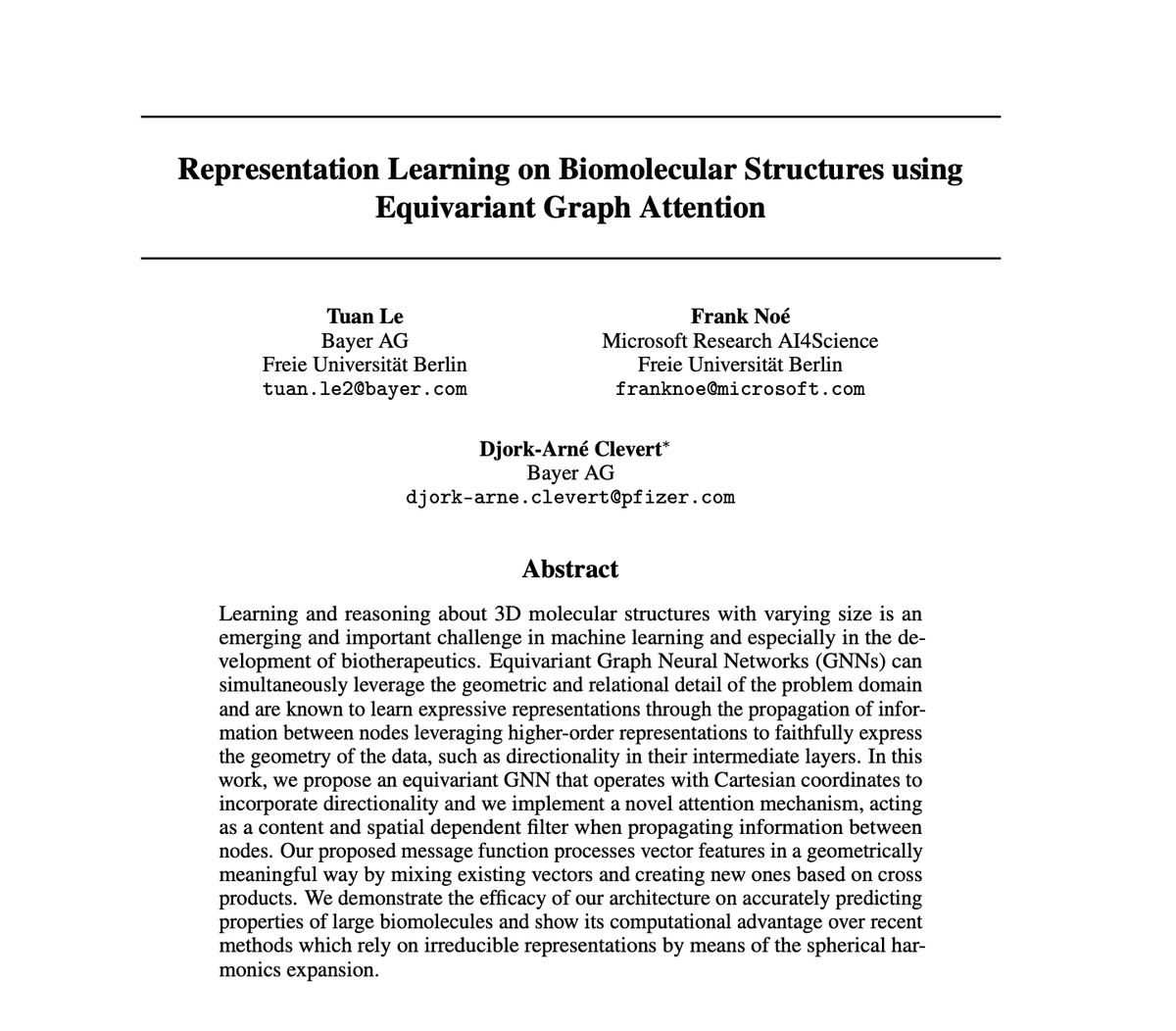 Each week, we want to highlight <a href="/LogConference/">Learning on Graphs Conference 2024</a> papers!

✨Check out "Representation Learning on Biomolecular Structures Using Equivariant Graph Attention" by <a href="/tuanle618/">Tuan Le</a> , <a href="/FrankNoeBerlin/">Frank Noe</a> , and Djork-Arné Clevert!

proceedings.mlr.press/v198/le22a/le2…