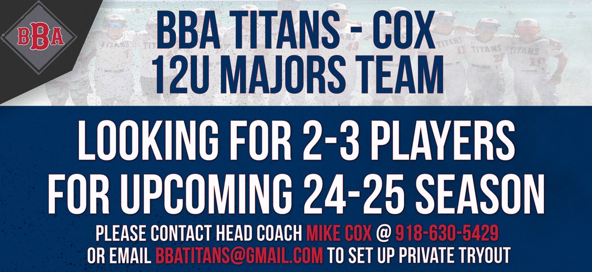 bbatitans's tweet image. 12U Majors Team looking for a few good men this upcoming year. Please contact Head Coach Mike Cox directly for more information or email us at BBATitans@gmail.com.