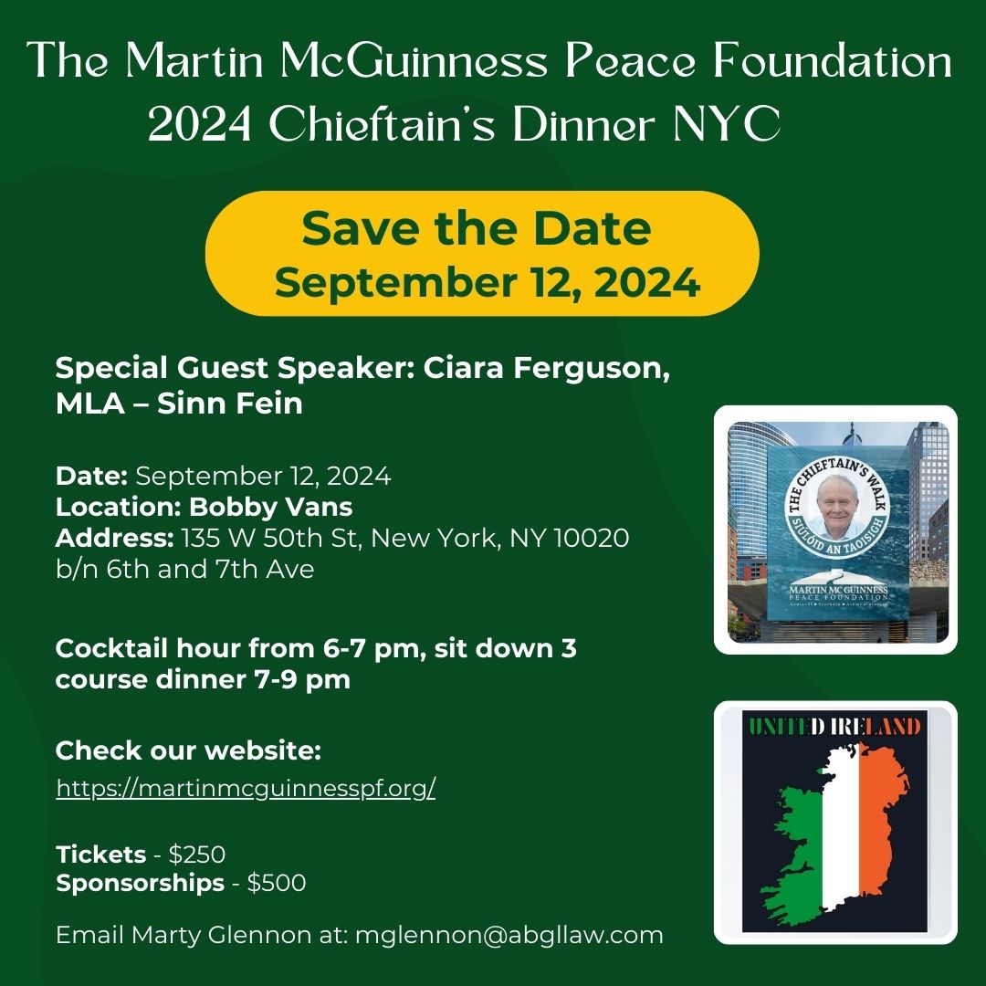 Friends of Sinn Féin USA (@fosfusa) on Twitter photo NYC Metro Area - Join us for the annual Martin McGuinness Peace Foundation NYC Chieftain's Dinner on Thursday, September 12, 2024 at Bobby Van's Steakhouse. Registration and more information here: martinmcguinnesspf.org/upcoming-events
<a href="/McGuinnessPF/">Martin McGuinness Peace Foundation</a> <a href="/McguinnessNyc/">Martin McGuinness Chieftain’s Walk NYC</a> NYC Metro Area - Join us for the annual Martin McGuinness Peace Foundation NYC Chieftain's Dinner on Thursday, September 12, 2024 at Bobby Van's Steakhouse. Registration and more information here: martinmcguinnesspf.org/upcoming-events
<a href="/McGuinnessPF/">Martin McGuinness Peace Foundation</a> <a href="/McguinnessNyc/">Martin McGuinness Chieftain’s Walk NYC</a>