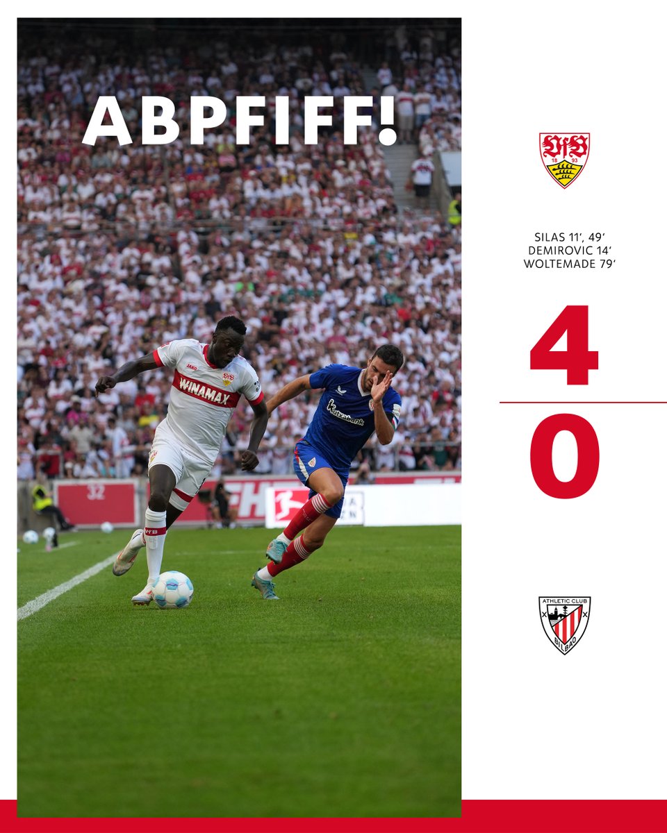 VfB's tweet photo. ⏹️ Spielende! Der #VfB schlägt Athletic Club verdient mit 4:0 und ist bereit für die neue Saison!

Eskerrik asko zuen bisitagatik eta zorteri onena datorren denboraldirako, @AthleticClub! 🤝

#VfB | #VfBATH 4:0 (90.) https://t.co/yMEeix8EcQ
