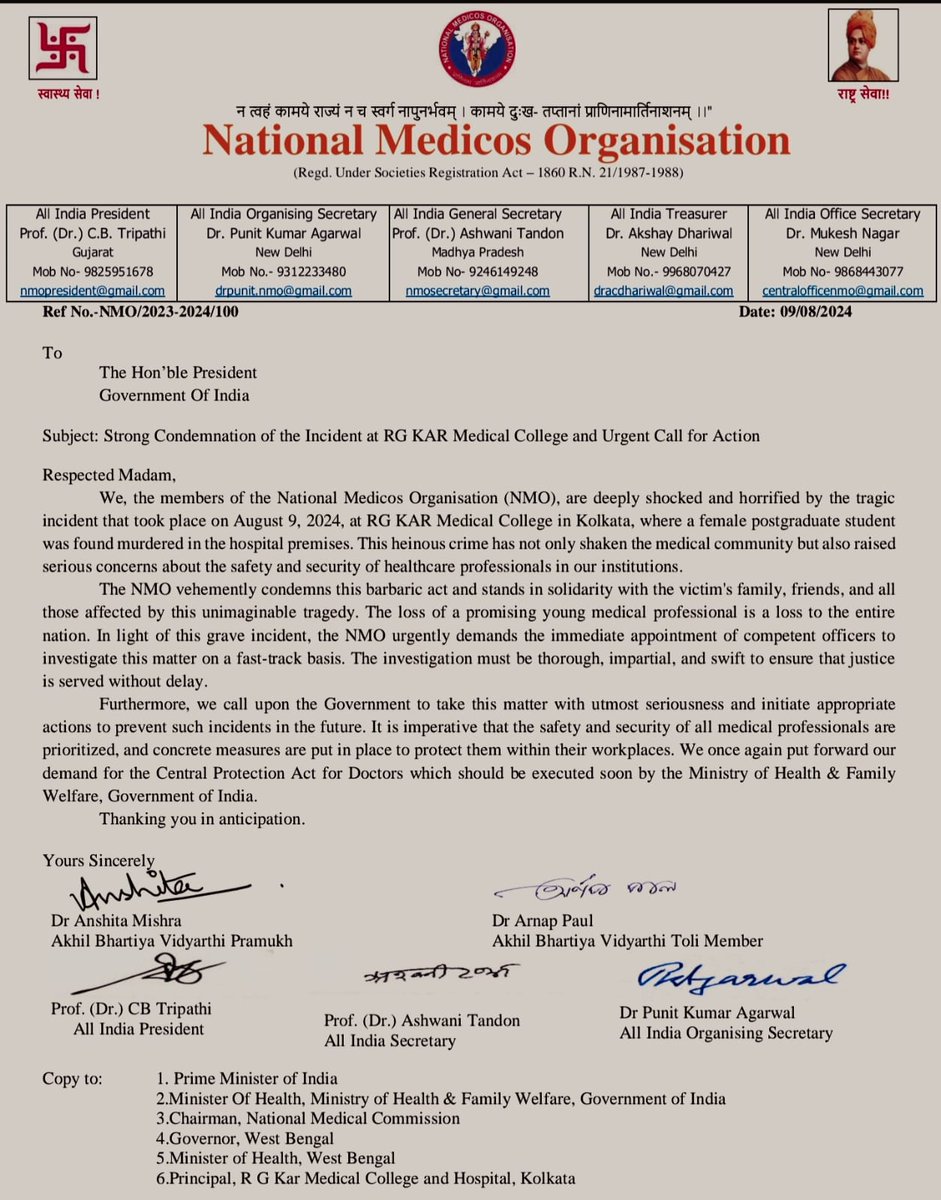 National Medicos Organization (@nmobharat) on Twitter photo NMO demands quick and appropriate actions to provide justice to the victim. The incident at R.G.Kar Medical College is heinous and will not be tolerated! #NMOstandswithRGKARMC
#NMOstandswithwomendoctors
<a href="/rashtrapatibhvn/">President of India</a> <a href="/PMOIndia/">PMO India</a> <a href="/NMC_IND/">National Medical Commission</a>
<a href="/MoHFW_INDIA/">Ministry of Health</a> <a href="/MamataOfficial/">Mamata Banerjee</a> NMO demands quick and appropriate actions to provide justice to the victim. The incident at R.G.Kar Medical College is heinous and will not be tolerated! #NMOstandswithRGKARMC
#NMOstandswithwomendoctors
<a href="/rashtrapatibhvn/">President of India</a> <a href="/PMOIndia/">PMO India</a> <a href="/NMC_IND/">National Medical Commission</a>
<a href="/MoHFW_INDIA/">Ministry of Health</a> <a href="/MamataOfficial/">Mamata Banerjee</a>