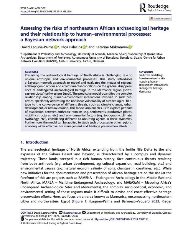 dlagunapalma's tweet image. 🚨New paper alert 🚨

“Assessing the risks of northeastern African archaeological heritage and their relationship to human–environmental processes: a Bayesian network approach” 

🔗 DOI: doi.org/10.1080/004382…

#machinelearning #BayesianNetworks  #northeasternafrica #archaeology