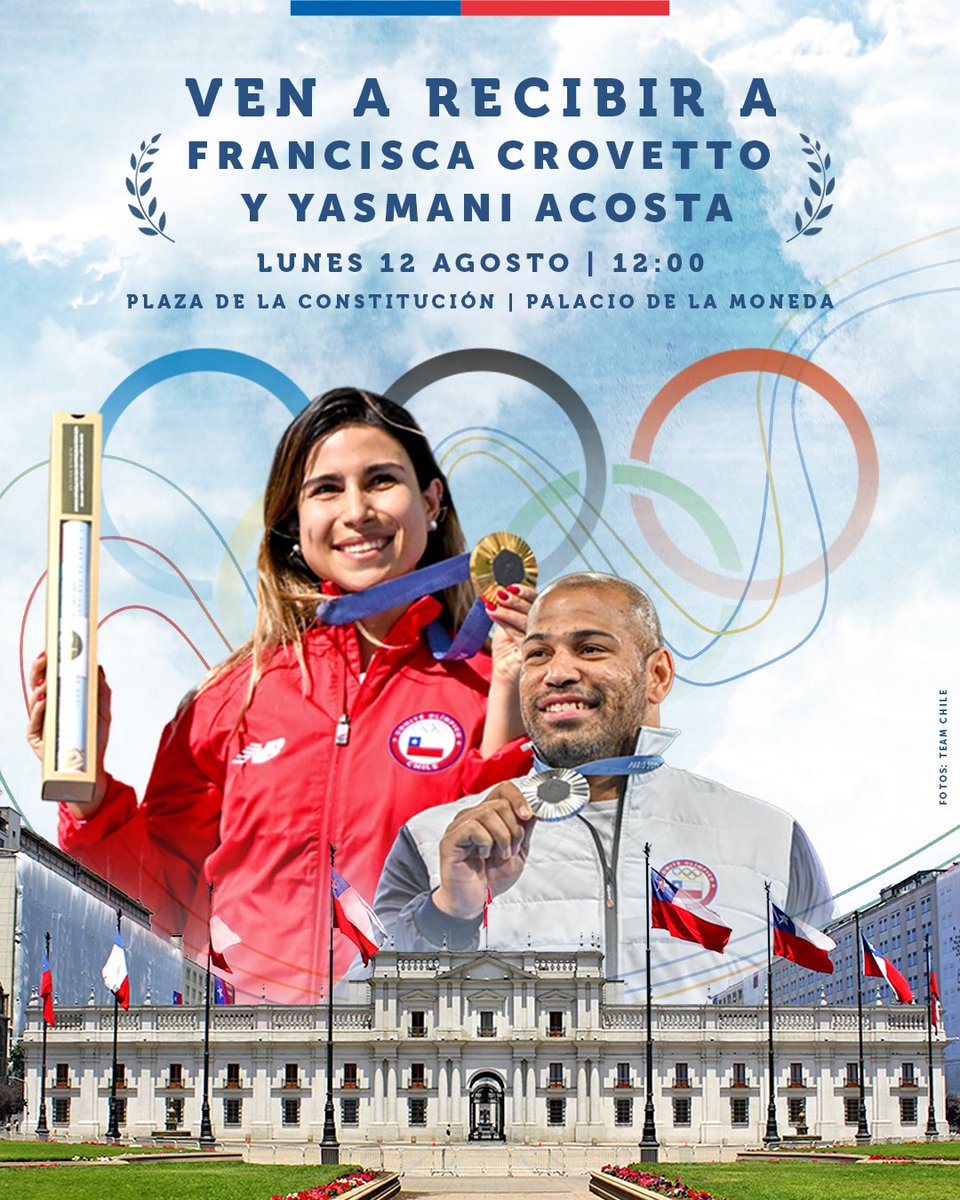 🇨🇱 🥇🥈 ¡Ven a la Plaza de la Constitución! Este lunes 12 de agosto a las 12:00 horas, recibamos a Francisca Crovetto y Yasmani Acosta frente al Palacio de La Moneda. 

¡Todo Chile celebra a sus medallistas olímpicos!