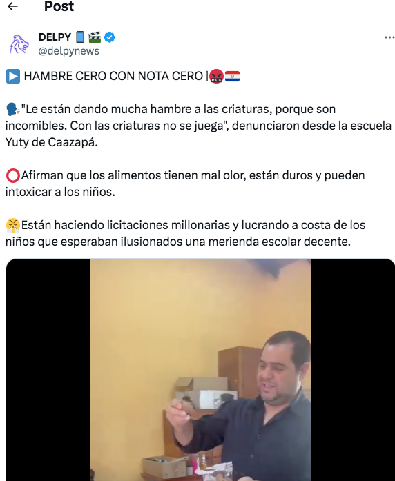 MDSParaguay's tweet image. El Consejo Nacional de Alimentación Escolar ACLARA que este caso no corresponde al Prog. Hambre Cero, pues se dio en Yuty, que no es uno de los 90 distritos en los que empezó el Programa y LAMENTA este hecho que no condice con el objetivo de alimentar con calidad a los niños.