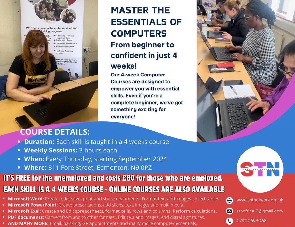 SNTnetwork's tweet image. 🌟 Free English &amp;amp; Computer Courses in Edmonton / London!🌟
📍 Location: Edmonton, London
📩 Enroll Now:
•Follow and message us on Instagram: instagram.com/standtogethern…
•Our website: sntnetwork.org.uk
•WhatsApp: 07342450410
•Email: stnoffice12@gmail.com