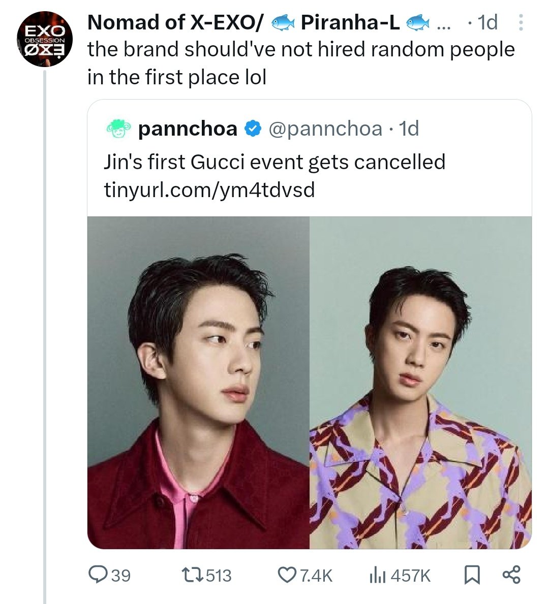 thvsnaz's tweet photo. Here's a thread of Seokjin being the biggest Gucci ambassador, something kai failed to be : https://t.co/AmVtlS6ifb