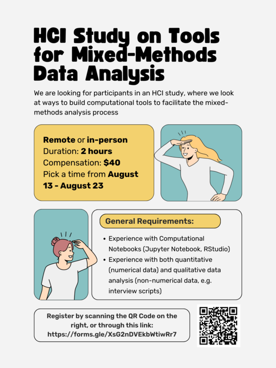 Do you have experience with mixed-methods analysis? Have you used computational notebooks before?

If yes, then we invite you to participate in our HCI user study!

Sign up here: forms.gle/XsG2nDVEkbWtiw…

📍Location: Zoom
⌛️ Duration: 2h
🪙 Remuneration: CAD40

Poster for details.