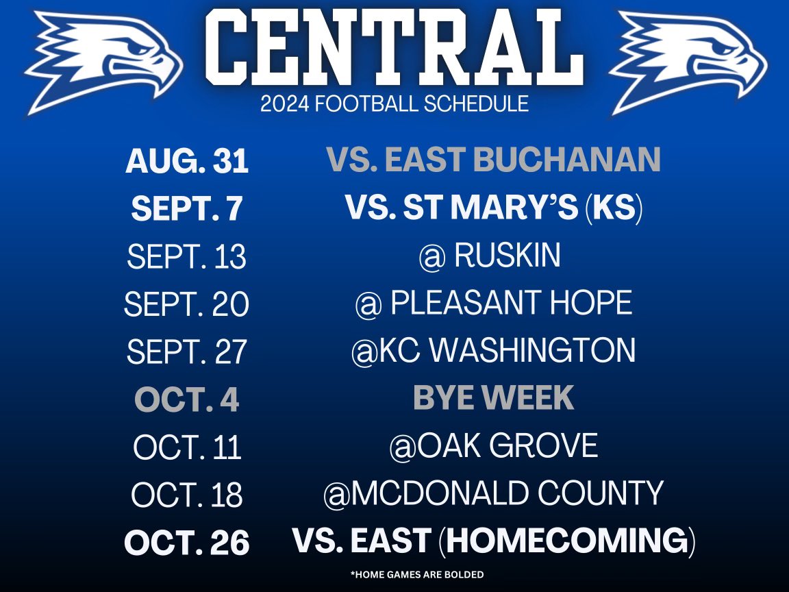 KCPS_CentralHS (@kcps_centralhs) on Twitter photo Calling all Central Blue Eagles, past and present! We’re just 3 Saturdays away from our football home opener! Get your blue and white ready as we take on the East Buchanan Bulldogs on our home field! 🏈
Mark your calendars: August 31st! See you there! #BlueEagles <a href="/BlueEaglesKC/">Central High School Football</a> Calling all Central Blue Eagles, past and present! We’re just 3 Saturdays away from our football home opener! Get your blue and white ready as we take on the East Buchanan Bulldogs on our home field! 🏈
Mark your calendars: August 31st! See you there! #BlueEagles <a href="/BlueEaglesKC/">Central High School Football</a>