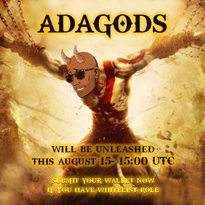 JToyuba's tweet photo. @AdaGods_  will be unleashed this August 15th at 15:00 UTC. Submit your wallets now if you're whitelisted! https://t.co/DOl9tfPZI1