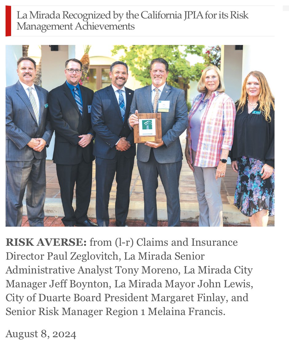 LaMiradaLewis's tweet photo. PUBLIC SAFETY AWARD: The City of La Mirada won the “Best Overall Performance” award for its risk management practices. The JPIA has 100 cities in its membership.

https://t.co/50ar2XUgPs https://t.co/x2XKU228Dw