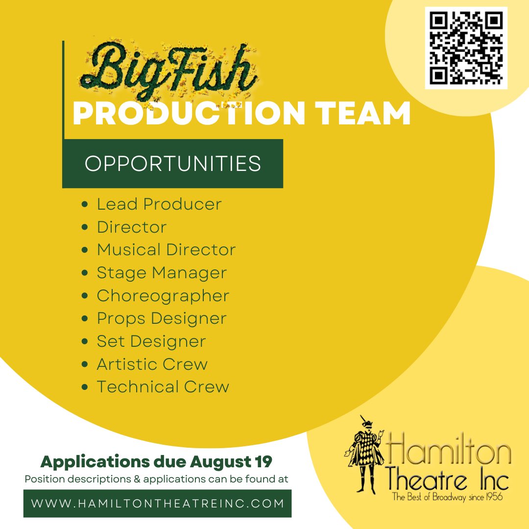HTI is seeking applicants for Production Team roles for the two productions in our 66th season. Applications are to be submitted to pr@hamiltontheatre.com by August 19, 2024. HTI’s productions are Non-Equity, volunteer productions.

Full details at hamiltontheatre.com/get-involved/