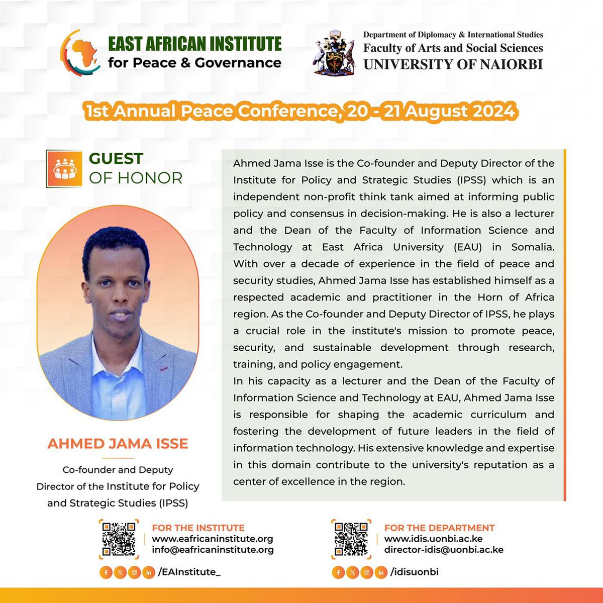 IPSSSomalia's tweet photo. @IPSSSomalia deputy director will be attending the 1st Annual Peace Conference in Nairobi from August 20-21 hosted by the East African Institute for Peace &amp; Governance and the Department of Diplomacy and International Studies at the University of Nairobi. https://t.co/0Yezj80rsg
