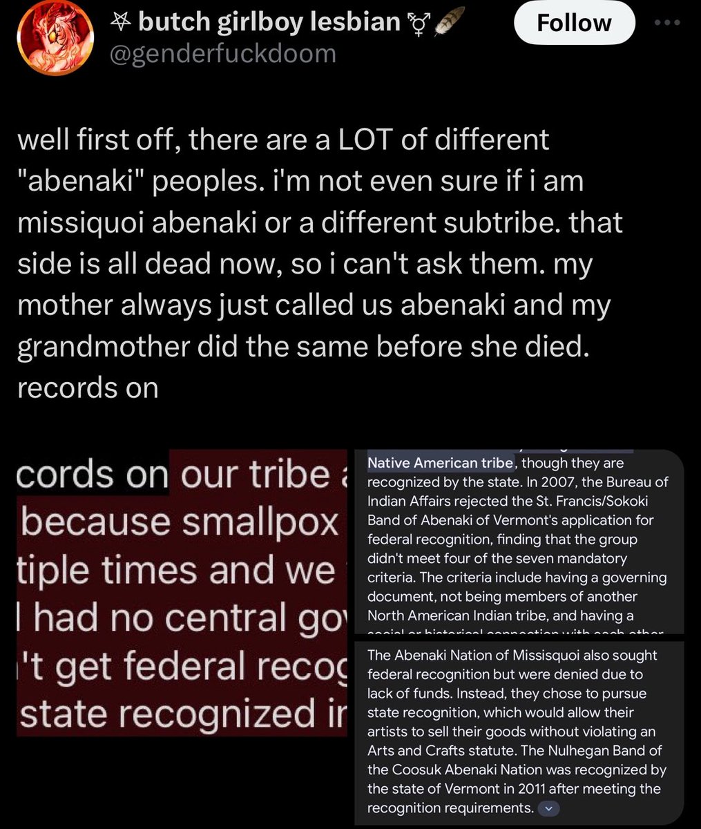 camzzs's tweet photo. native here!! people are mad because you claimed earlier to have family registered as missisquoi (a fraud tribe that has been called out by real abenaki people) and then backed down on that statement when you got called out :3 https://t.co/LosGw1po9w https://t.co/Fgg4Re9DJ4