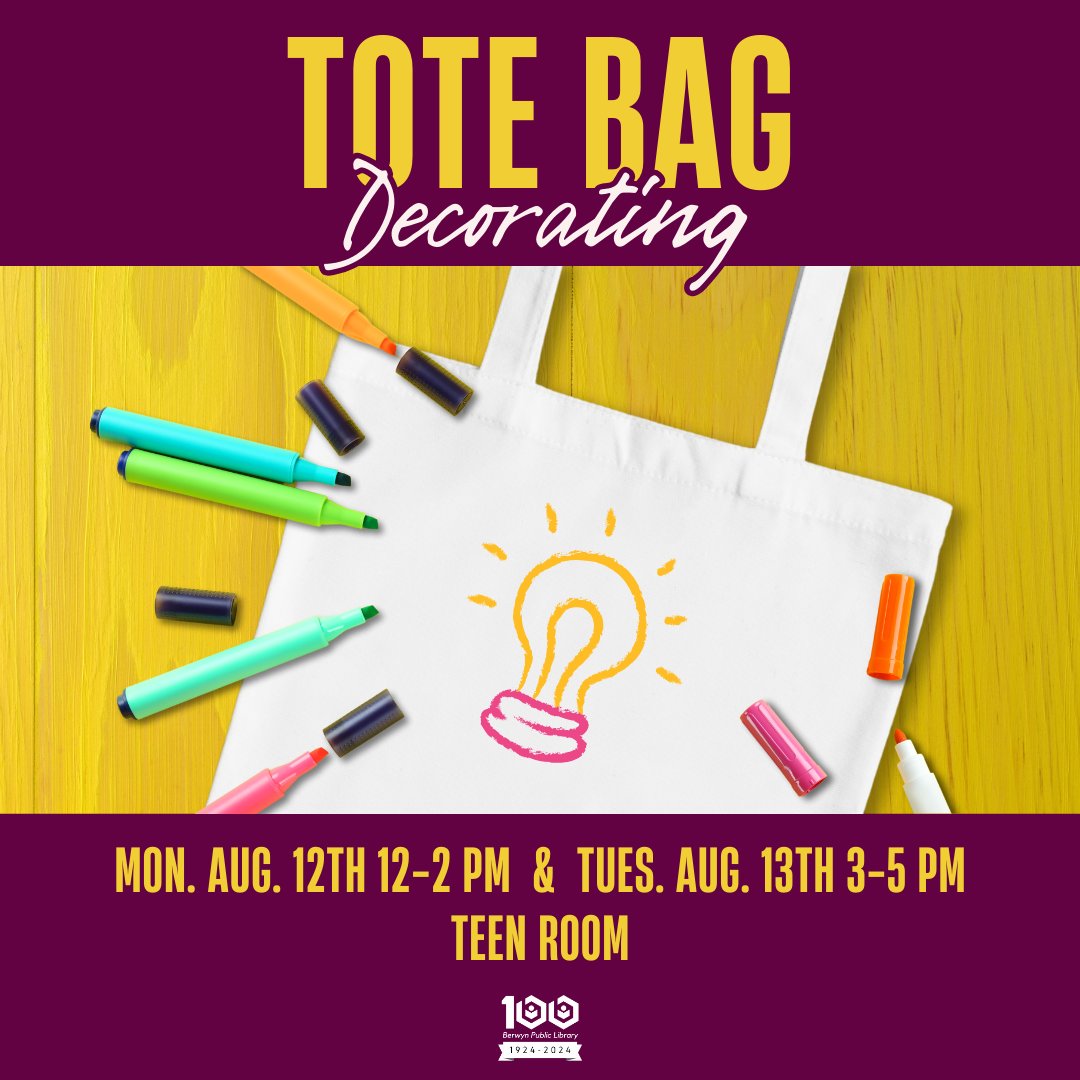 BerwynLibraryIL's tweet image. Calling all high school teens! Come by the Teen Room this coming Monday and Tuesday to personalize your very own tote bag while supplies last, just in time for the start of the school year! Registration is not required. #BPLibrary #WhyBerwyn