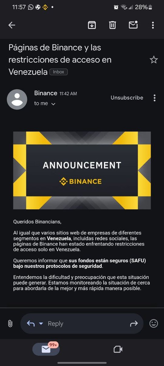 🚨 Bloqueo a #Binance en Venezuela 🇻🇪

Un miembro de nuestra redacción acaba de recibir este correo en el que el exchange confirma que el acceso a su web ha tenido problemas desde el país suramericano.

Según diversos reportes, este bloque estaría siendo efectivo solo a través