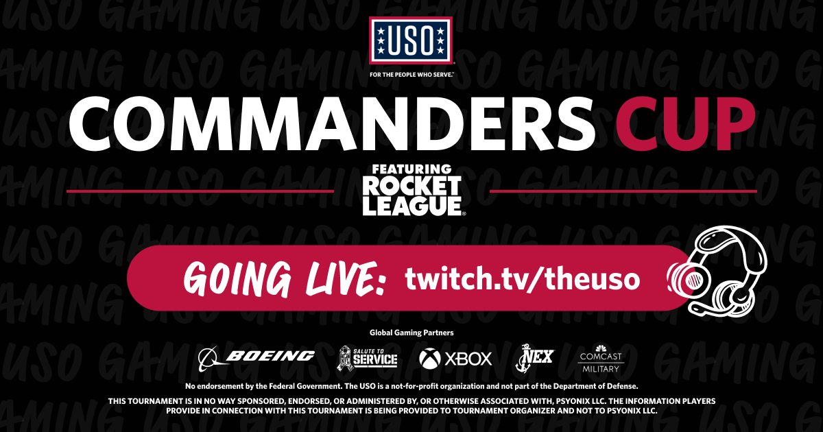 USO (@the_uso) on Twitter photo Start your engines! The 4th Annual Commanders Cup featuring Rocket League is hours away! Tune in at 2PM EST | 1PM CT to cheer on your favorite branch! twitch.tv/theuso
<a href="/Boeing/">The Boeing Company</a> <a href="/NFL/">NFL</a> @XBox <a href="/NavyExchange/">Navy Exchange</a> <a href="/ComcastMilitary/">Comcast Military</a> Start your engines! The 4th Annual Commanders Cup featuring Rocket League is hours away! Tune in at 2PM EST | 1PM CT to cheer on your favorite branch! twitch.tv/theuso
<a href="/Boeing/">The Boeing Company</a> <a href="/NFL/">NFL</a> @XBox <a href="/NavyExchange/">Navy Exchange</a> <a href="/ComcastMilitary/">Comcast Military</a>