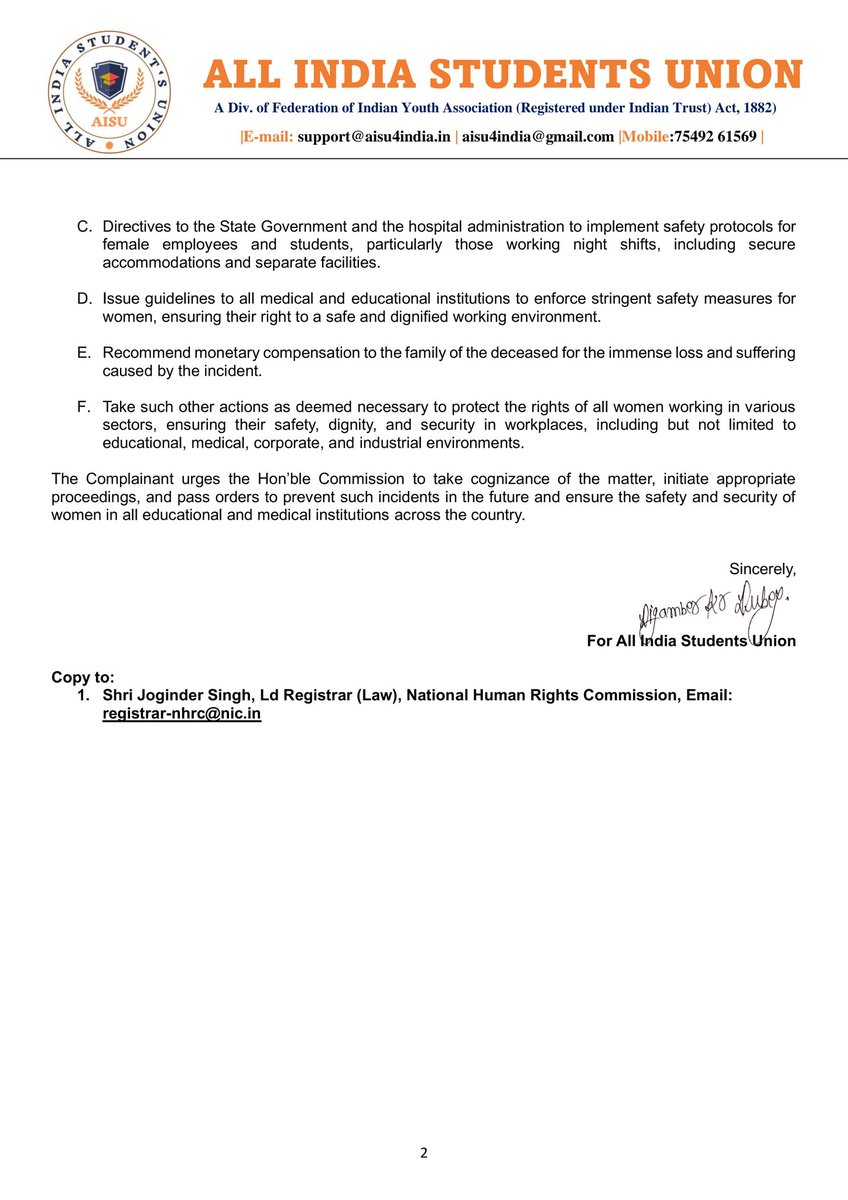 Today, @official_aisu filed a complaint with the NHRC regarding the tragic death of a woman postgraduate student at R.G. Kar Medical College, with a prayer for an investigation under NHRC supervision. #justiceformoumita #Kolkata