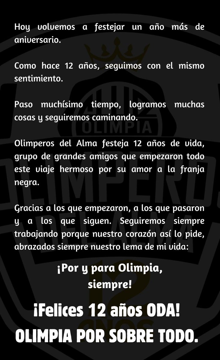 ¡Felices 12 años! 🌟
Por y para Olimpia, siempre 🤍🖤