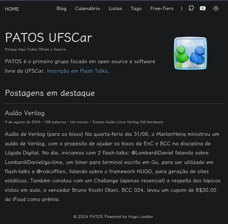 Hey! Você sabia que pode ficar por dentro dos últimos aulões e dos próximos no site do patos?

Cola ai no patos.dev