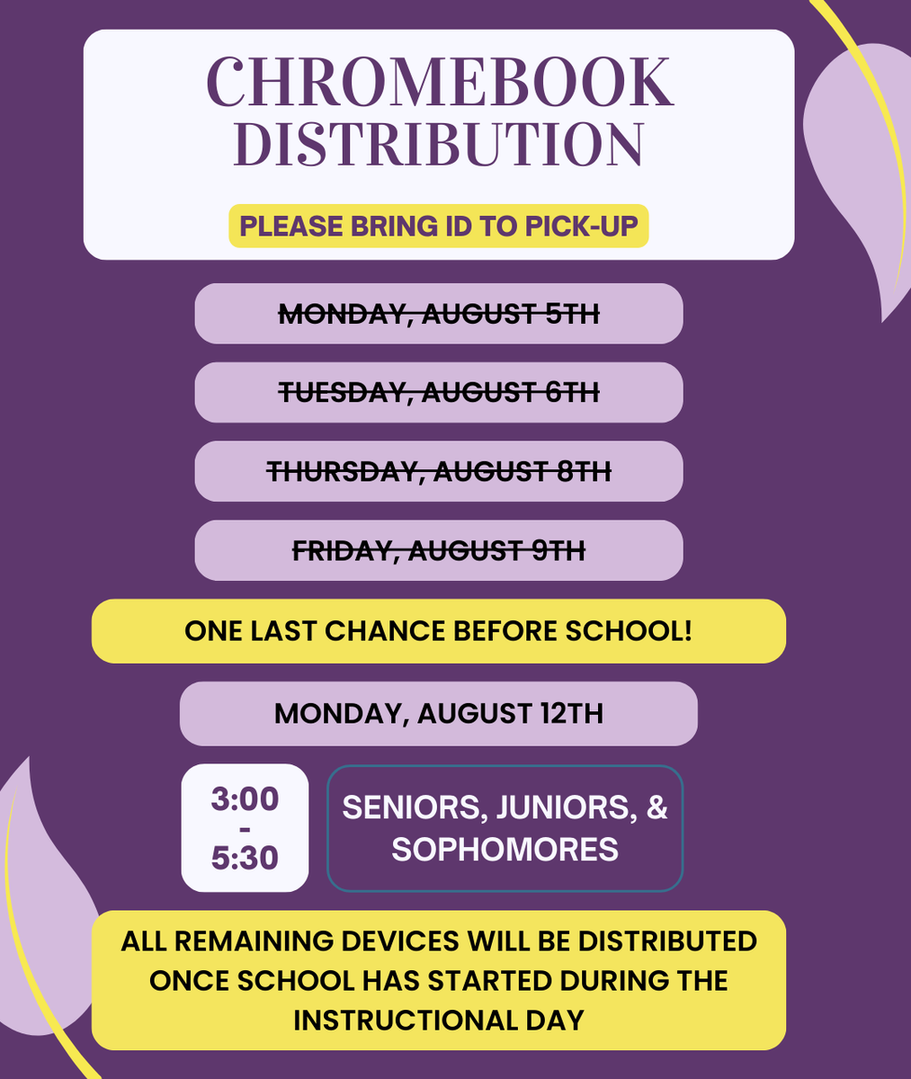 2027MRHS's tweet photo. MAVS! Last chance for early Chromebook pick up is Monday August 12th 3:00 - 5:00 P.M. For Seniors, Juniors, and Sophomores only. https://t.co/tffrnjvGKd