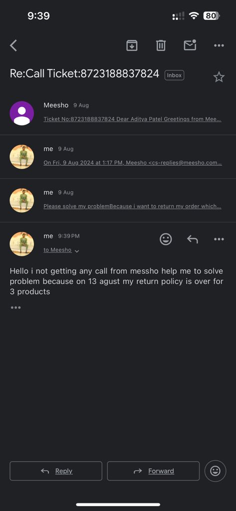 aditya_52a's tweet photo. Meesho not solving my problem from 1 weak no call no reply of mail. Because of the my return policy of 3 product going to end on 13 august. @Meesho_Official @Meesho_Official @meeshotech @meesho_support https://t.co/XsVSC06CvA