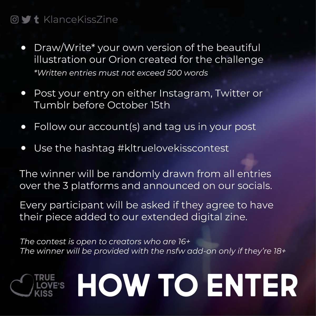 KlanceKissZine's tweet image. 📢EPIC W/DTIYS CONTEST ANNOUNCEMENT📢

Hello Klancers! 💋

Are you getting excited for the many many klance smooches? 💕

Yes? So are we! We can't wait to share with you the awesmazing pieces created by our incredible contributors! 💕