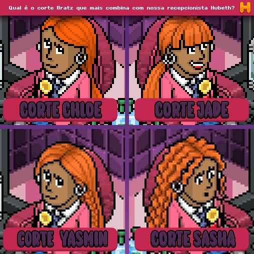 Muitas coleções de roupa chegaram ontem ao Hubbe.biz, inclusive a coleção Bratz ✨️

Nossa recepcionista Hubeth adorou os novos penteados e cogitou mudar seu corte de cabelo. Qual dos 4 abaixo você acha que mais combina com ela? ❤️😍