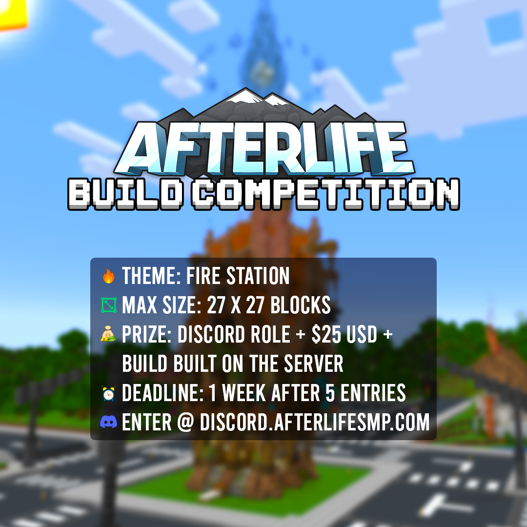 🏗️ Announcing another exciting Minecraft Build Competition! 🎉

📸 Ready to showcase your building skills? Join us and compete for the master title! 🌟 Don’t miss out on the fun and cool prizes. discord.afterlifesmp.com

#Minecraft #MinecraftCommunity #MinecraftServer