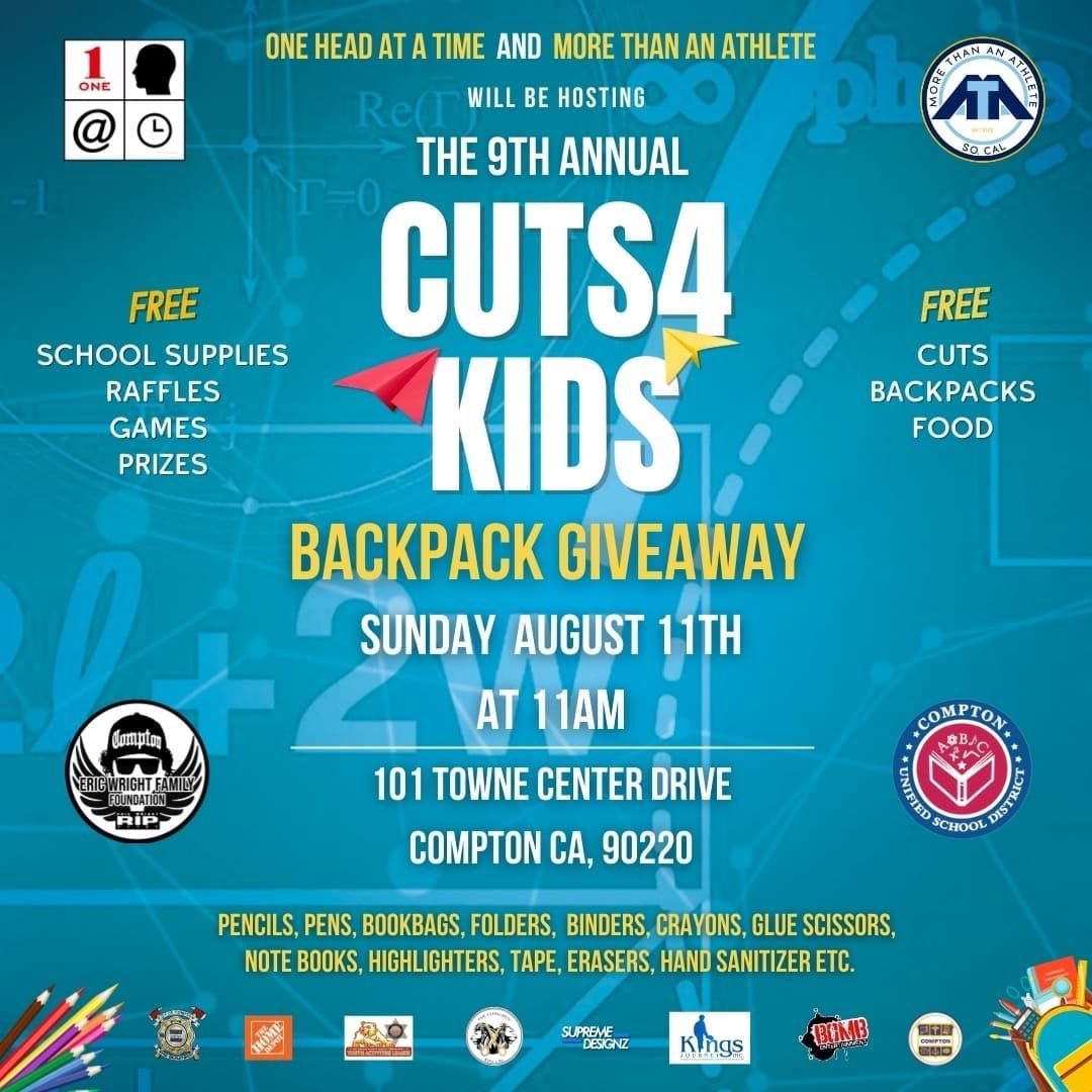 ComptonUnified's tweet image. One Head at a Time and More Than An Athlete is hosting Cuts 4 Kids free haircuts and a backpack giveaway tomorrow, Sunday, August 11 at 11am, at 101 Towne Center Dr., Compton, CA. #freehaircuts #freebackpacks #backpackgiveaway #comptonunified #Elevate