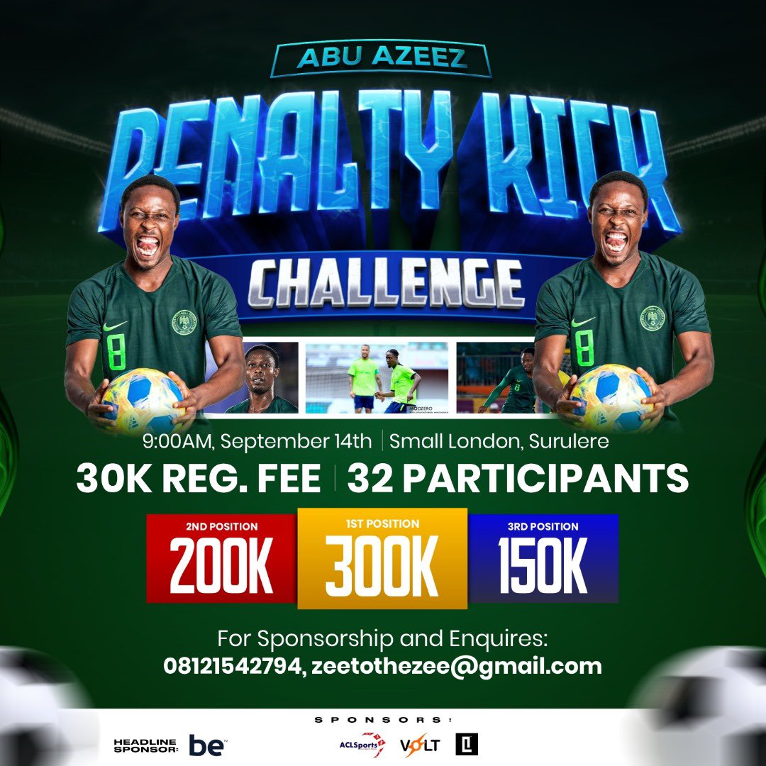 Are you the best penalty kick taker in your team/community? We agree.

This is an opportunity for you to showcase your expertise in penalty kicks and earn amazing prizes for doing that. 

The date is set ✅
Register now to book a spot. 🎯

Let’s see if you have what it takes. 😎