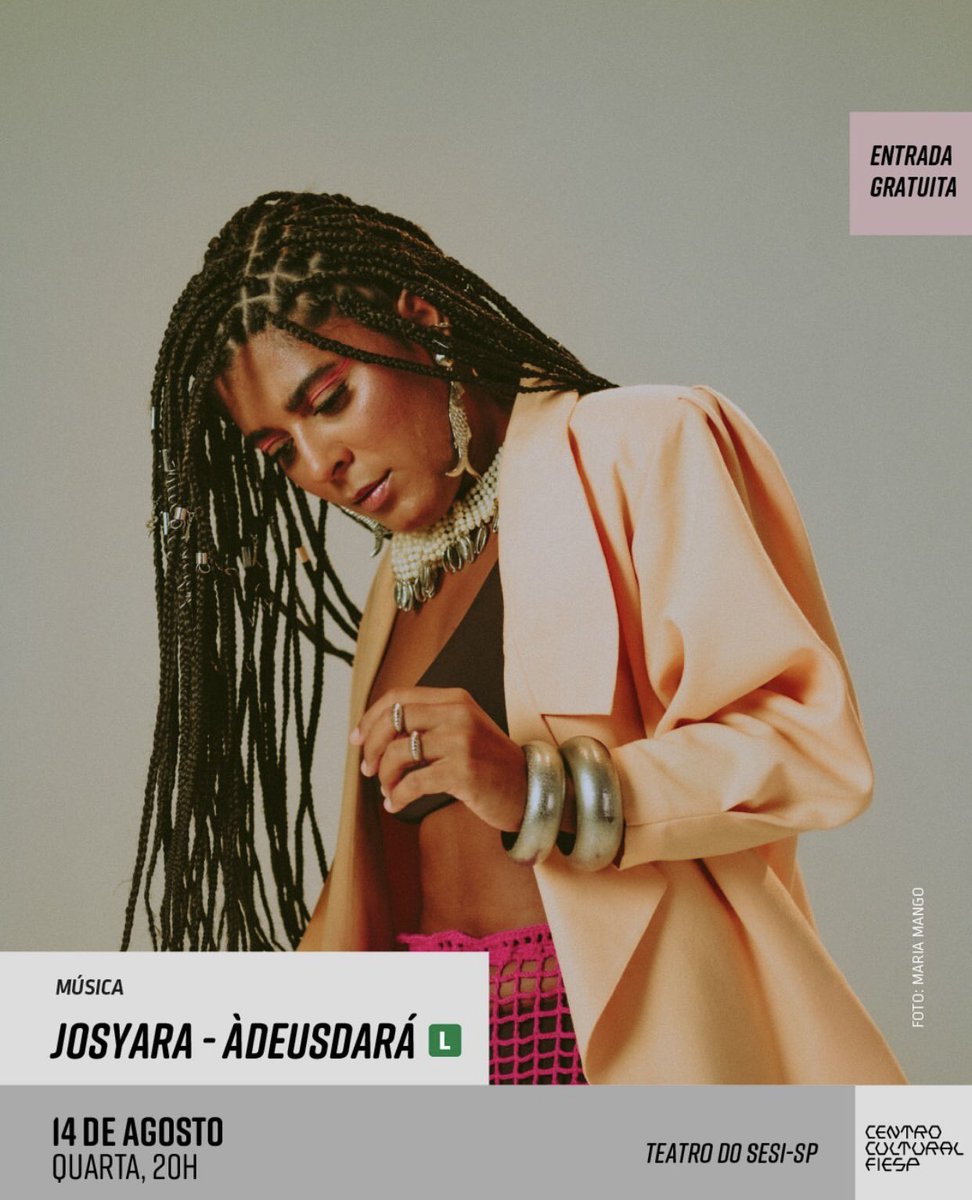 Código de acesso (@acessocodigo) on Twitter photo Agenda 
Quarta-feira dia 14 de Agosto tem <a href="/_josyara/">J0ϟYARA</a> com o show “ÀDEUSDARÁ” no @centroculturalfiesp com entrada gratuita #agenda #josyara #centroculturalfiesp Agenda 
Quarta-feira dia 14 de Agosto tem <a href="/_josyara/">J0ϟYARA</a> com o show “ÀDEUSDARÁ” no @centroculturalfiesp com entrada gratuita #agenda #josyara #centroculturalfiesp