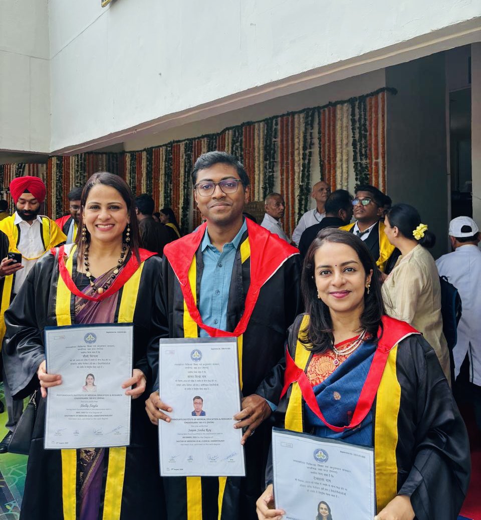 HematPgi's tweet photo. 🎓 A proud day for our department at PGI’s 37th Convocation! Congratulations to our DM Hematopathology and Clinical Hematology students (Shelly, Sayan, Debadrita) on this milestone. Wishing you all great success ahead! #PGIConvocation #Hematology #FutureLeaders https://t.co/Md3THeij9w