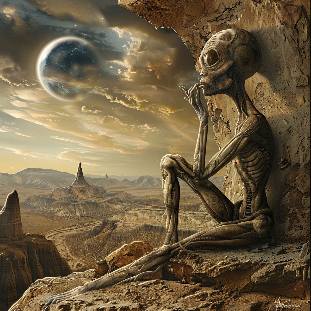 HumanAIArt's tweet photo. "Universal Pondering", An extraterrestrial mind pondering the cosmos. What secrets does it seek? #AlienMind #CosmicPonderings #SurrealismArt #GalacticSecrets https://t.co/ZCUs9CyOjC