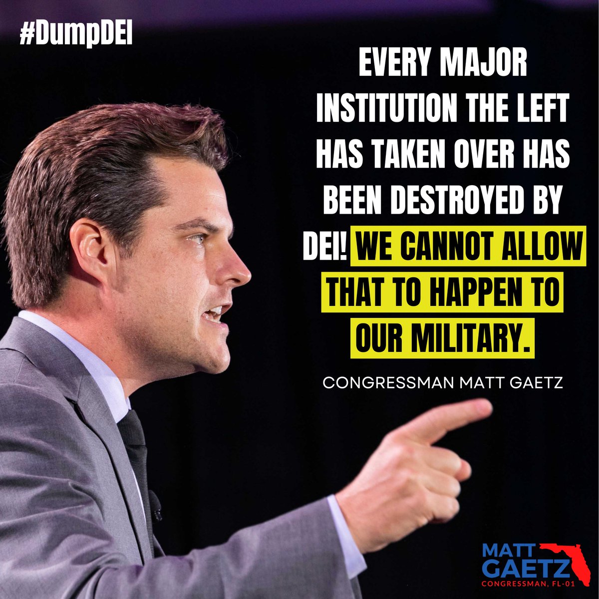 FmrRepMattGaetz's tweet image. Every major institution the left has taken over has been destroyed by DEI! 

We CANNOT allow that to happen to our military.

#DumpDEI