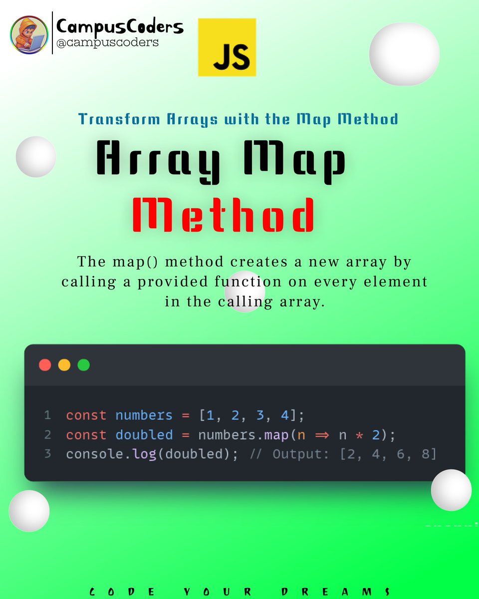 thecampuscoders's tweet photo. Master JavaScript’s `map()` Method!

Effortlessly transform arrays and level up your coding game. 💪

🔗 More tips &amp; hiring alerts: https://t.co/gYdkkEO4mH

#JavaScript #WebDev #CodingTips #CampusCoders #MapMethod https://t.co/SV5dhyaLvl