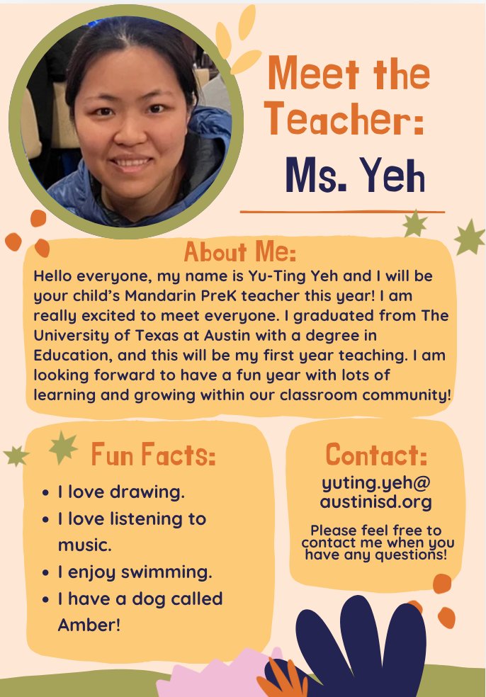 Reilly Elementary-Mandarin & Spanish Dual Language (@reillyelem) on Twitter photo We’re thrilled to introduce our Pre-K Mandarin teacher, Ms. Yeh, to the Mustang familia.🐴Ms. Yeh is ready to bring her passion for language & culture to our kiddos.Let’s give her a warm Mustang welcome as she helps our students gallop into a world of learning & discover🐴📚🎉 We’re thrilled to introduce our Pre-K Mandarin teacher, Ms. Yeh, to the Mustang familia.🐴Ms. Yeh is ready to bring her passion for language & culture to our kiddos.Let’s give her a warm Mustang welcome as she helps our students gallop into a world of learning & discover🐴📚🎉