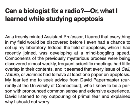 NikoMcCarty's tweet photo. 30 Essays to Make You Love Biology

Day 8. "Can a biologist fix a radio?" by Yuri Lazebnik.

Biology tends to catalog things by breaking them apart. Without quantitative insights, it is difficult to piece them back together into a holistic understanding. One of my favorites. https://t.co/8AXXz0G1ue