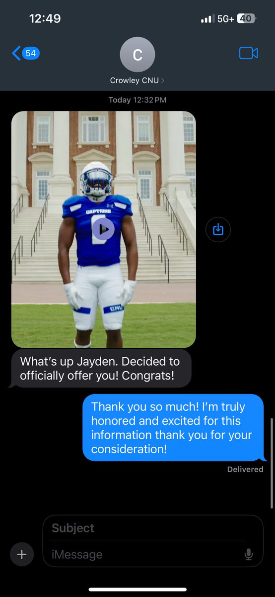 jayden_poe1's tweet photo. I’m incredibly thankful and blessed to receive my first offer from @cnu_football! All glory to God for this opportunity. @Curt_Campbell43 @CoachX_Will @jaroidp8 @coachpcrowley #AGTG https://t.co/iiK2HMeNLb