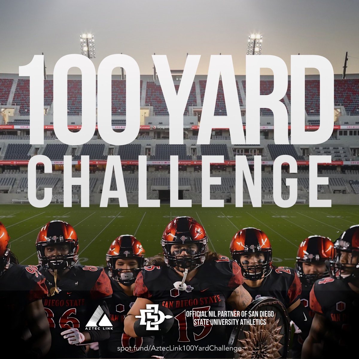 AztecLink_NIL's tweet photo. Aztec Link is launching the 100 Yard Challenge to raise $100,000 to support NIL efforts for SDSU Football! Visit the link in bioΒ to join us, and to follow along as we work to complete the 100 Yard Challenge before our first game on 8/31! https://t.co/Dgw69ognfQ
