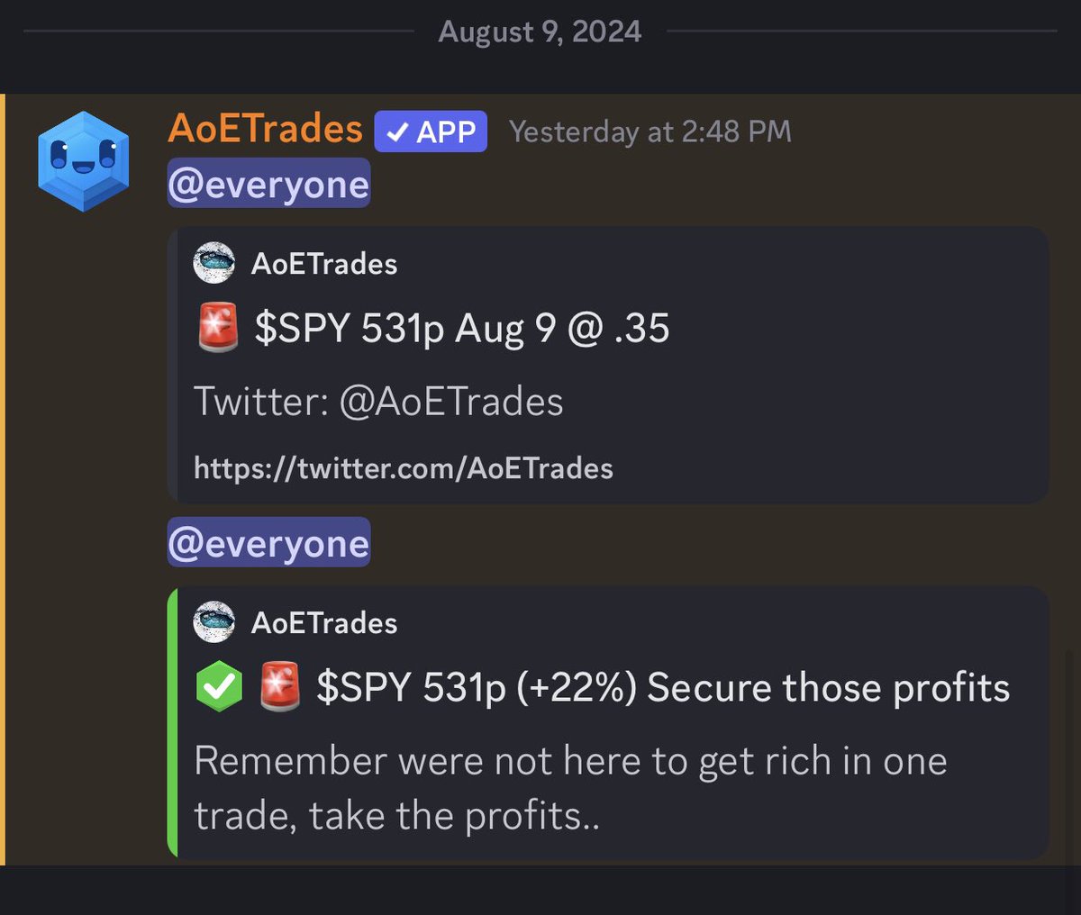 AoETrades's tweet photo. Friday/Thursday recap, awesome way to finish off the weekend, glad to have the group profit!
✅ $SPY 522p Aug 8 (+22%)
✅ $SPY 531p Aug 9 (+44%)
-contracts peaked at +85%
#OptionsTrading #OptionsSignals #FuturesTrading #Futures $QQQ $SPX $NVDA $AAPL $ES $NQ $VIX $DXY #Discord https://t.co/0BF6Ohs5Fh