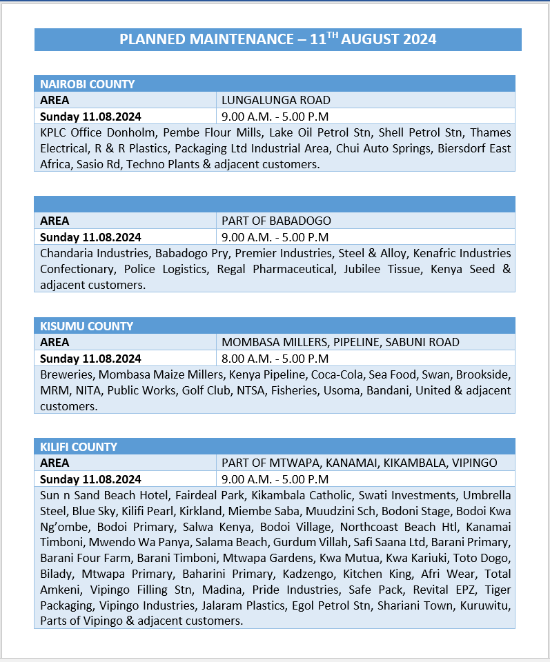 KenyaPower_Care's tweet photo. Hello. Please be advised, the following areas will be on planned maintenance tomorrow 11.08.2024. ^DB https://t.co/oDe0NCRZQt
