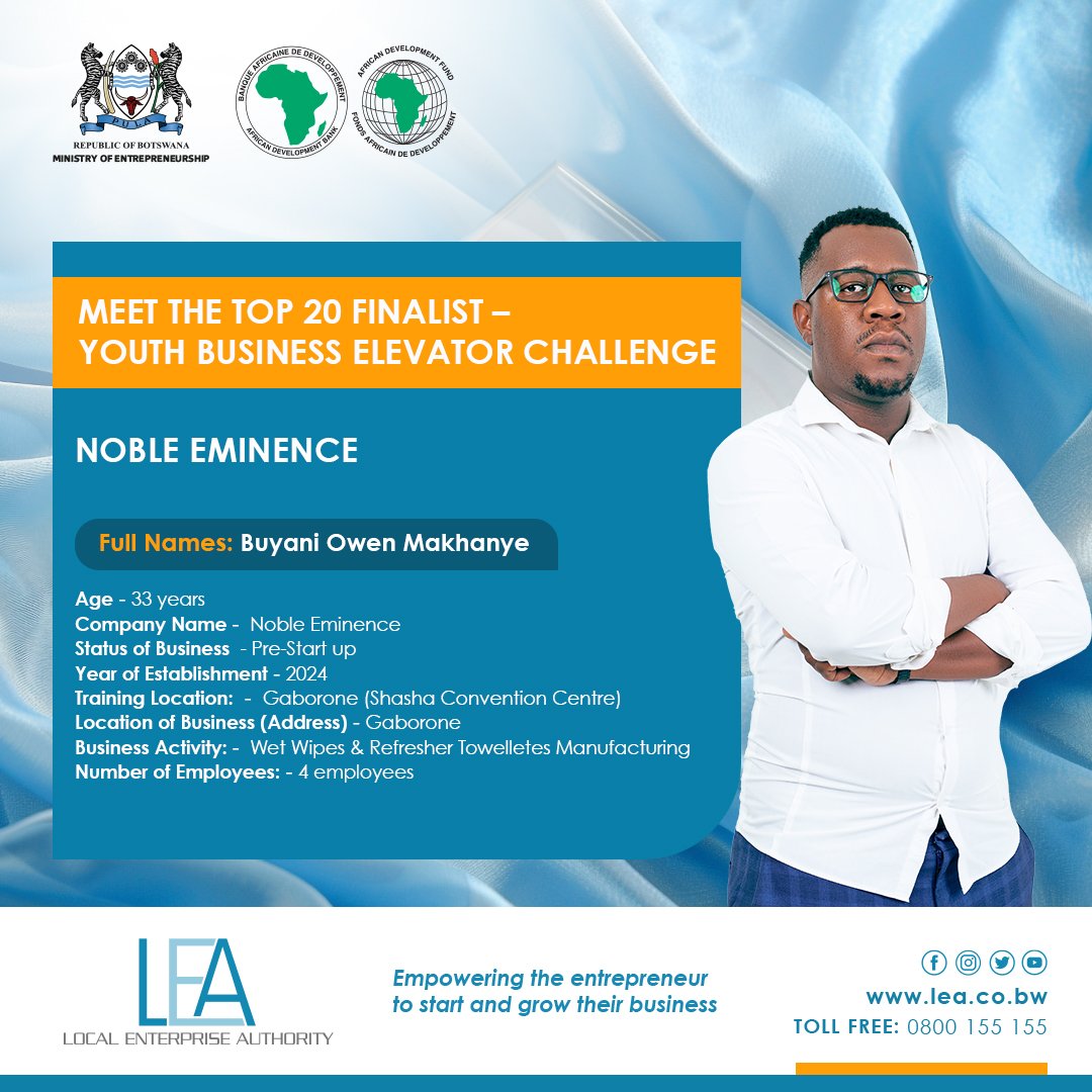 Local Enterprise Authority (@botsa_lea) on Twitter photo ✨Announcing Top 20 Finalists of the Youth Business Elevator Challenge✨
We unveil the innovative minds who made it to the final round of Youth Business Elevator Challenge.
Powered by <a href="/AfDB_Group/">African Development Bank Group</a>
#SMEdevelopment
#enterpreneurship
#botsaLEA ✨Announcing Top 20 Finalists of the Youth Business Elevator Challenge✨
We unveil the innovative minds who made it to the final round of Youth Business Elevator Challenge.
Powered by <a href="/AfDB_Group/">African Development Bank Group</a>
#SMEdevelopment
#enterpreneurship
#botsaLEA