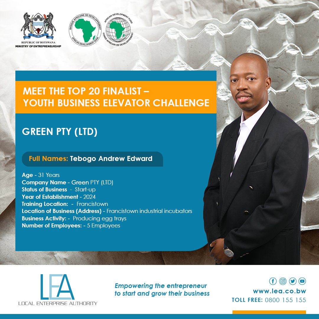 Local Enterprise Authority (@botsa_lea) on Twitter photo ✨Announcing Top 20 Finalists of the Youth Business Elevator Challenge✨
We unveil the innovative minds who made it to the final round of Youth Business Elevator Challenge.
Powered by <a href="/AfDB_Group/">African Development Bank Group</a>
#SMEdevelopment
#enterpreneurship
#botsaLEA ✨Announcing Top 20 Finalists of the Youth Business Elevator Challenge✨
We unveil the innovative minds who made it to the final round of Youth Business Elevator Challenge.
Powered by <a href="/AfDB_Group/">African Development Bank Group</a>
#SMEdevelopment
#enterpreneurship
#botsaLEA