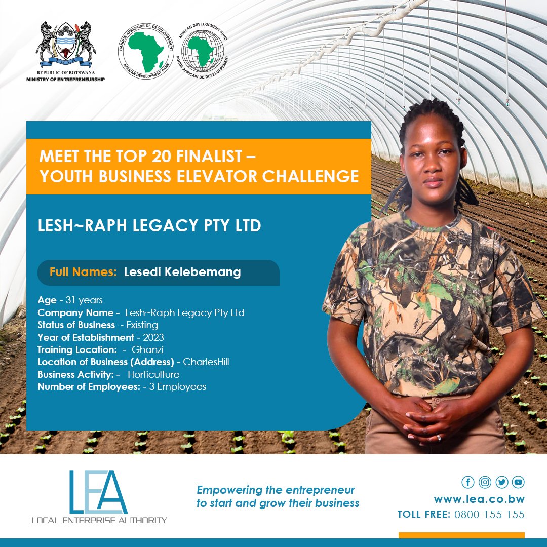Local Enterprise Authority (@botsa_lea) on Twitter photo ✨Announcing Top 20 Finalists of the Youth Business Elevator Challenge✨
We unveil the innovative minds who made it to the final round of Youth Business Elevator Challenge.
Powered by <a href="/AfDB_Group/">African Development Bank Group</a>
#SMEdevelopment
#enterpreneurship
#botsaLEA ✨Announcing Top 20 Finalists of the Youth Business Elevator Challenge✨
We unveil the innovative minds who made it to the final round of Youth Business Elevator Challenge.
Powered by <a href="/AfDB_Group/">African Development Bank Group</a>
#SMEdevelopment
#enterpreneurship
#botsaLEA