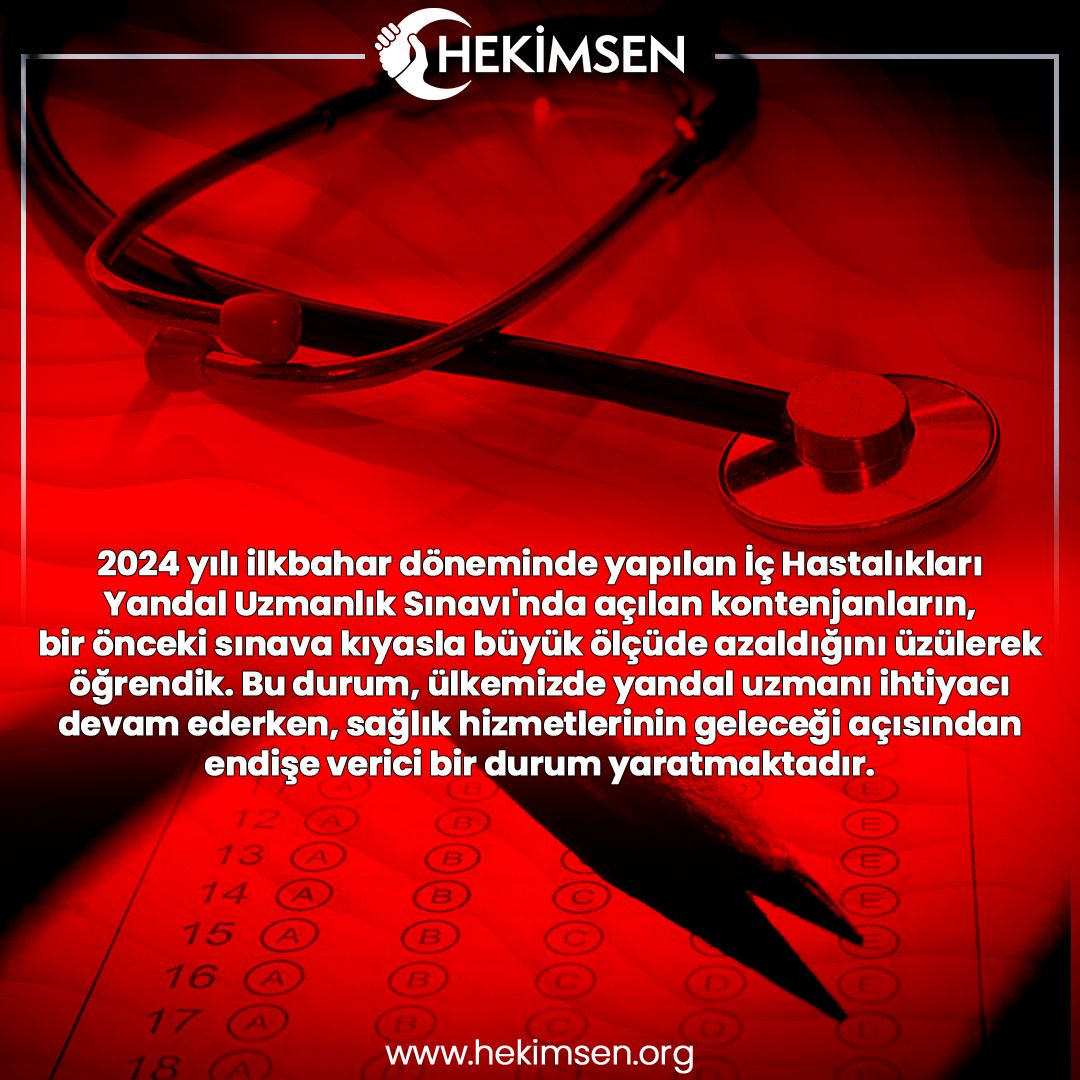 İç Hastalıkları uzmanlarından sayın bakanımıza iletilmek üzere, sendikamıza gelen talebi olduğu gibi iletiyoruz:

Konu: 2024 İlkbahar Dönemi İç Hastalıkları Yandal Uzmanlık Sınavı Kontenjanlarının Azaltılması

2024 yılı ilkbahar döneminde yapılan İç Hastalıkları Yandal Uzmanlık