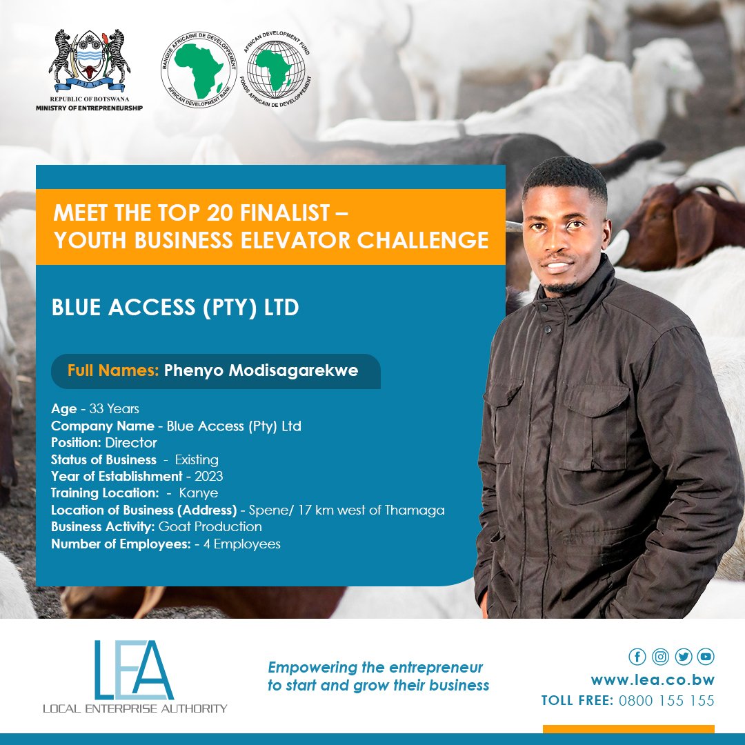 Local Enterprise Authority (@botsa_lea) on Twitter photo ✨Announcing Top 20 Finalists of the Youth Business Elevator Challenge✨
We unveil the innovative minds who made it to the final round of Youth Business Elevator Challenge.
Powered by <a href="/AfDB_Group/">African Development Bank Group</a>
#SMEdevelopment
#enterpreneurship
#botsaLEA ✨Announcing Top 20 Finalists of the Youth Business Elevator Challenge✨
We unveil the innovative minds who made it to the final round of Youth Business Elevator Challenge.
Powered by <a href="/AfDB_Group/">African Development Bank Group</a>
#SMEdevelopment
#enterpreneurship
#botsaLEA
