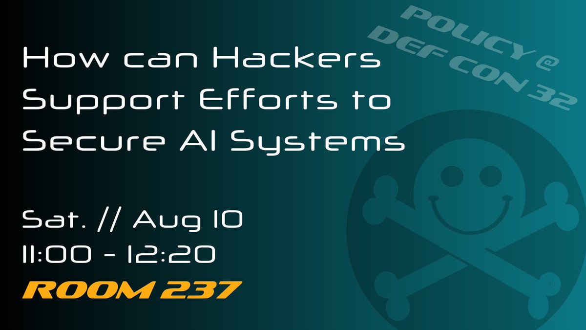 We’re hanging out in the Policy Village until our first talk at 11am: Hackers Supporting Efforts to Secure AI Systems – see you soon! #PolicyAtDEFCON32